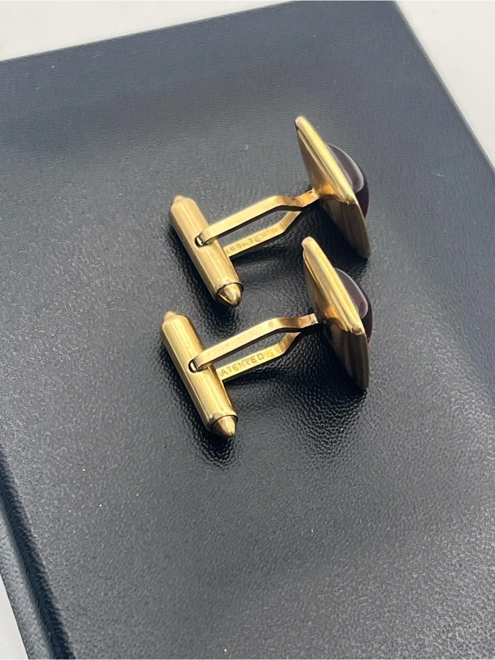 Krementz red lucite gold tone square textured vintage MCM cufflinks